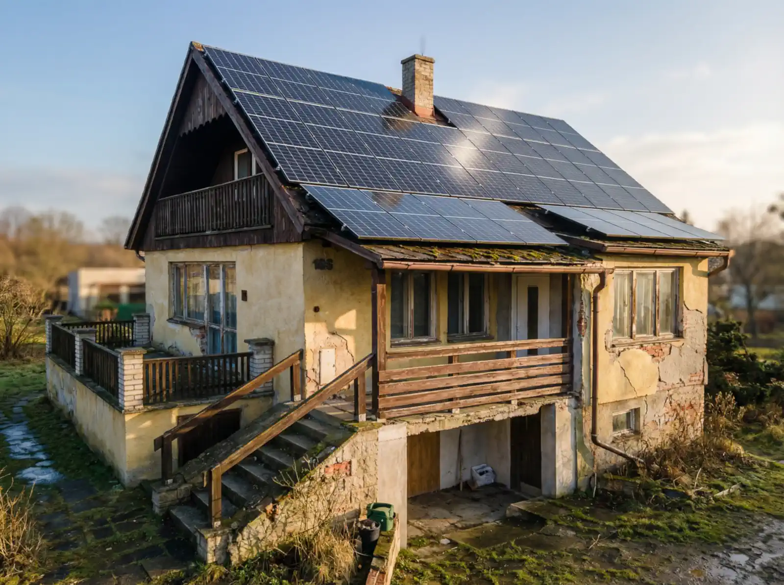 Zchátralý dům s fotovoltaikou na střeše – příklad špatného pořadí renovace