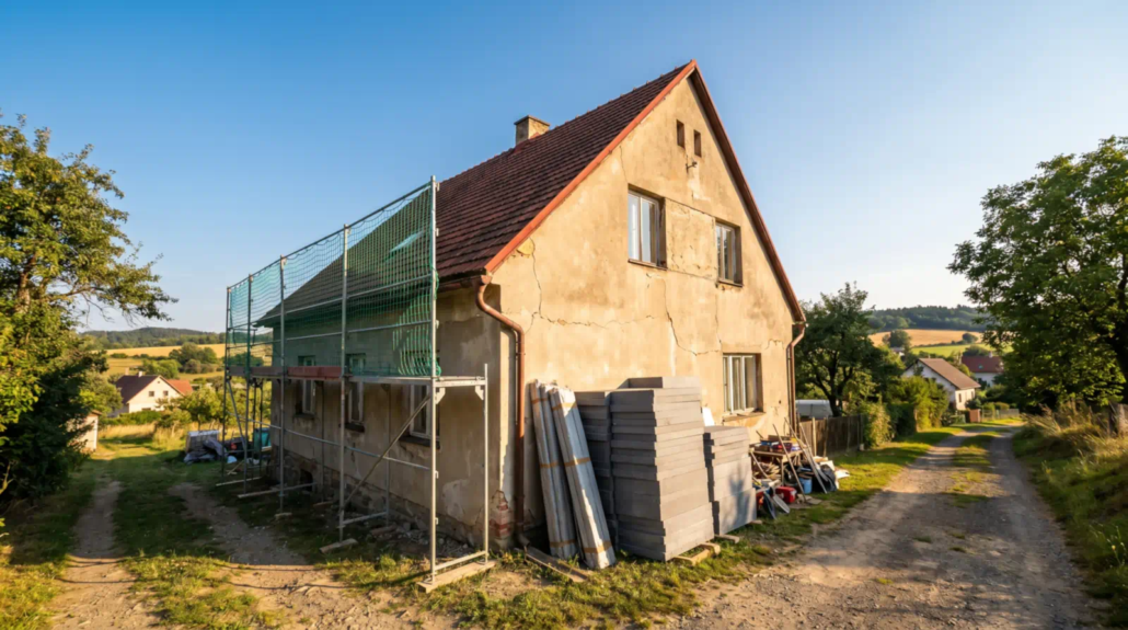 Nová zelená úsporám Light 2026 — starší rodinný dům připravený na zateplení s lešením a izolačními deskami