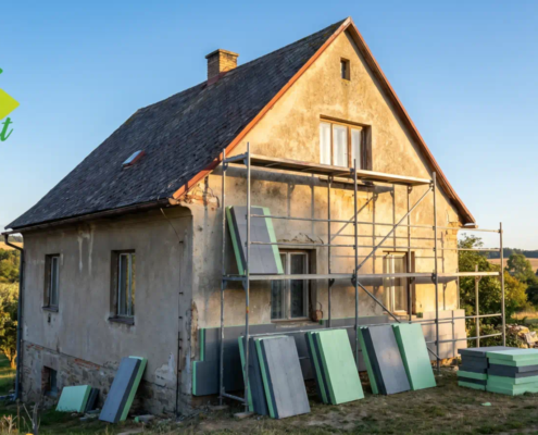 Nová zelená úsporám Light 2026 — starší rodinný dům připravený na zateplení s lešením a izolačními deskami