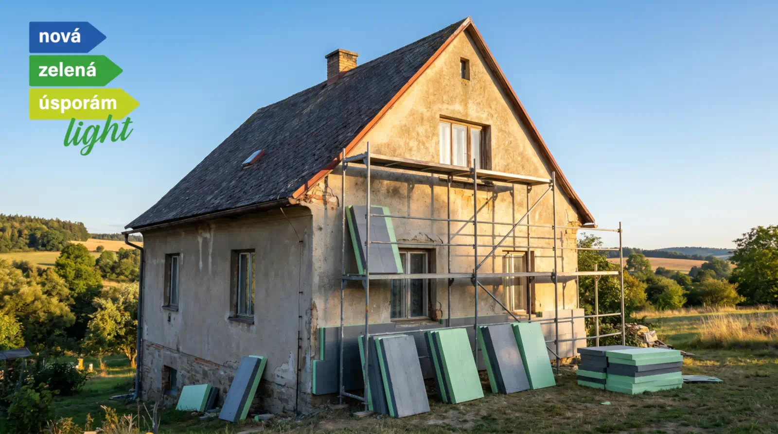 Nová zelená úsporám Light 2026 — starší rodinný dům připravený na zateplení s lešením a izolačními deskami